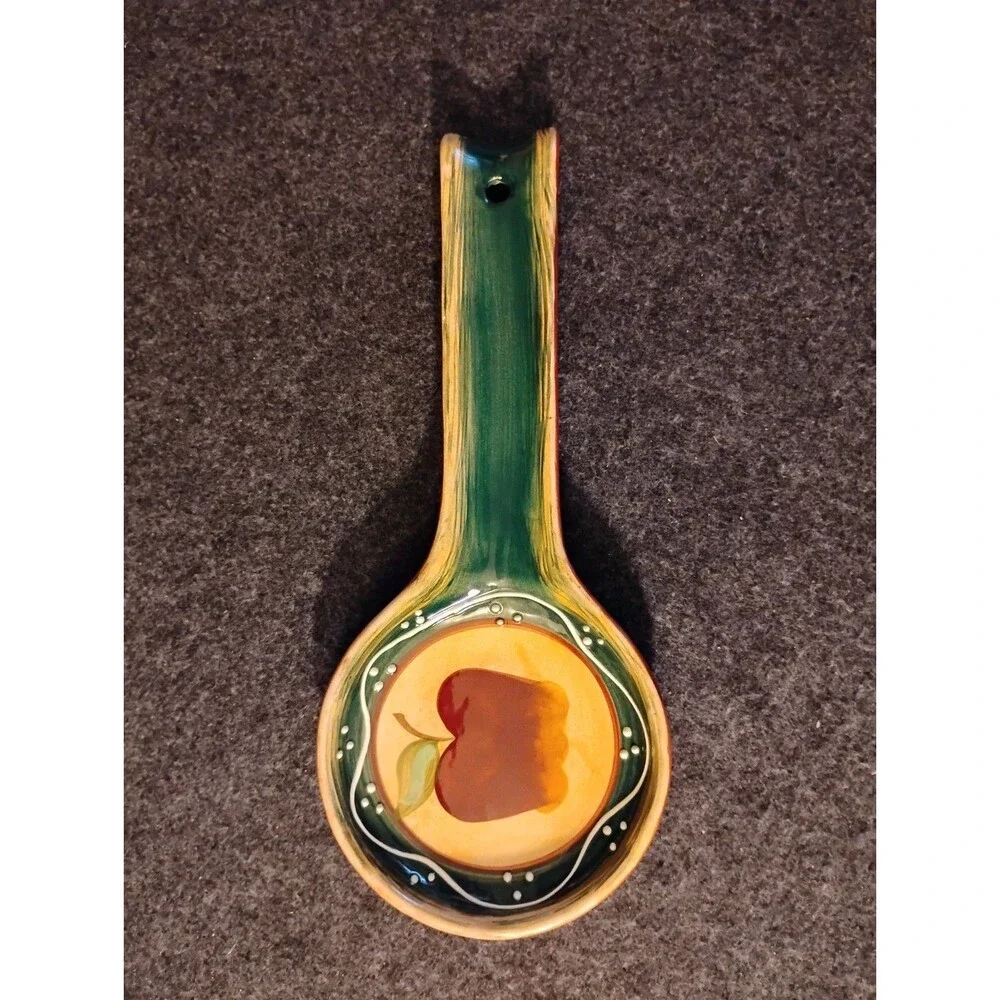 Casa Vero by Ack Ceramic Spoon Rest Holder Hand Painted Green w Red Apple NOTE